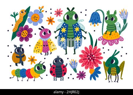 Niedliche Wanzen. Lustige Cartoon Insekten. Fliegende Schmetterlinge und kriechende Raupenfiguren. Motten und glückliche Heuschrecke mit Blumen. Marienkäfer oder Käfer auf Stock Vektor
