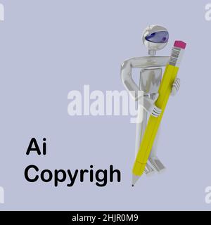 3D Abbildung eines Roboters mit einem symbolisch großen Bleistift, isoliert auf palle Blue. Stockfoto