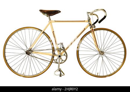 Vintage siebziger Jahre gelbes Rennrad mit einem festen Gang isoliert auf einem weißen Hintergrund Stockfoto