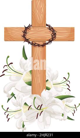 Kreuz mit Lilien isoliert auf weißem Hintergrund. Religiöse Symbole Holzkreuz, weiße Lilie und Dornenkrone. Vektor-Design Ostern Illustration, Pos. Stock Vektor