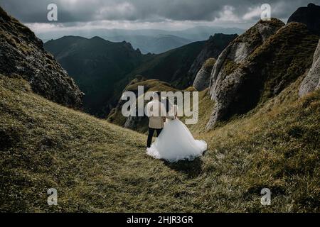 Das Brautpaar hält sich in den Bergen Stockfoto