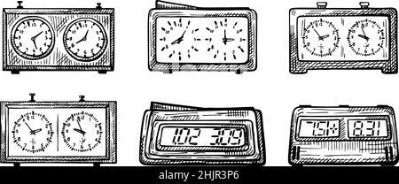 Stellen Sie die Skizze für die Schachuhr isoliert ein. Klassische und elektrische Uhren für Schachspiel im handgezeichneten Stil. Design mit Gravur für Poster, Druck, Buchillustration Stock Vektor