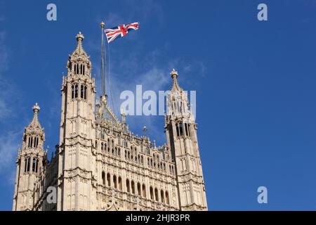 London, Großbritannien, 31. Januar 2022: Die Houses of Parliament im Westminster Palace, wo Premierminister Boris Johnson heute Nachmittag über die Ergebnisse des von der Beamtin, Frau Dr. Dr. Dr. Dr. Dr. Dr. Dr. Dr. Dr. Dr. Dr. Dr. Dr. Dr. Dr. Dr. Dr. H.K., zusammengestellten Berichts über Verstöße gegen die Sperrgesetze in der Downing Street 10 während der Coronavirus-Pandemie sprechen wird. Anna Watson/Alamy Live News Stockfoto