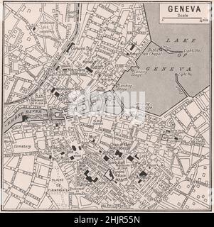 Plan von Genf, aufgeteilt durch die Rhone und ihren Seehafen. Schweiz (Karte 1923) Stockfoto