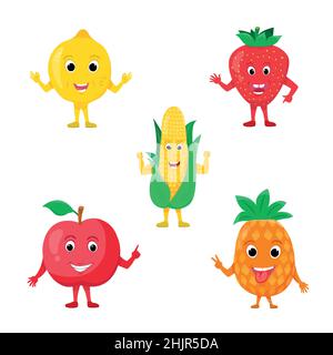 Cartoon lustige Früchte Zeichen. Fröhliche Zitrone, Ananas, Apfel, Erdbeere und Mais mit Gesicht. Vektorzeichen für Sommerfrüchte und Beeren Stock Vektor