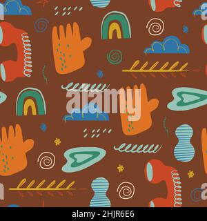 Vektor abstraktes nahtloses Muster. Wiederholung verschiedener Handzeichnungen in verschiedenen Formen und Farben. Hintergrund für den Druck von Tapeten, Verpackung Stock Vektor