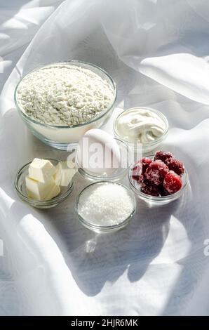Zutaten für Kuchen, Pfannkuchen oder Waffeln Stockfoto