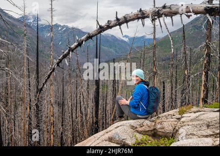 Lächelnde Frau, die in einem verbrannten toten Wald aus Bäumen sitzt Stockfoto