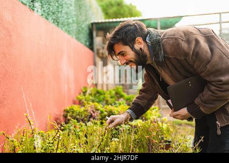 Lächelnder Gärtner, der den Zustand und das Wachstum der Pflanzen überprüft Stockfoto