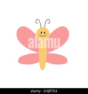 Cartoon-Schmetterling. Niedlicher lächelnder Charakter für kindliches Design. Flache Vektorgrafik isoliert auf weißem Hintergrund. Handgezeichneter Stil Stock Vektor