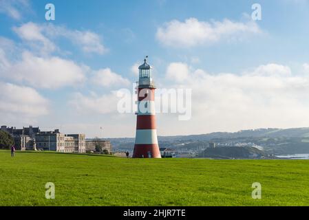 Smeaton's Tower, der alte Eddystone Leuchtturm, in Hoe Park, Plymouth, Devon, Großbritannien Stockfoto