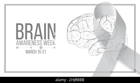 Konzept der Brain Awareness Week. Banner-Vorlage mit low-poly Gehirn, grauem Band und Text. Vektorgrafik. Stock Vektor