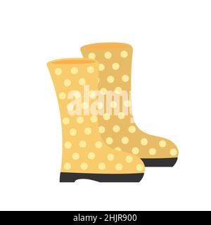 Handgezeichnete Cartoon gelbe Gummistiefel mit Punkten. Nette lustige Vektor-Illustration isoliert auf weißem Hintergrund. Stock Vektor