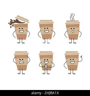 Set von niedlichen Kaffeetassen isoliert auf weiß - Comic-Figuren für lustige Gestaltung. Einfaches, flaches Cartoon-Design Stock Vektor