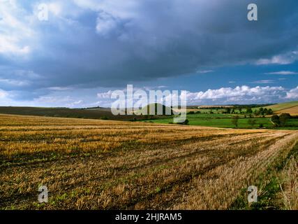 Silbury Hill (der größte in Europa), Avebury, Wiltshire, England, Großbritannien, Blick NNW aus der Nähe von West Kennet langen Schubkarre. Stockfoto