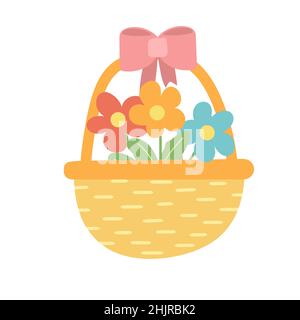 Korbkorb mit Blumen. Handzeichnung, flache Vektorgrafik auf Weiß Stock Vektor