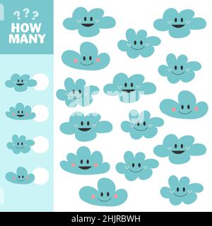 Vektorgrafik. Mathe-Spiel für Kinder im Vorschulalter und Schulalter. Zählen und geben Sie die richtigen Zahlen ein. Hinzufügung. Wolken. Stock Vektor