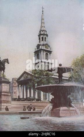 Trafalgar Square, auf dem Gelände des alten Dorfes Charing, wurde von 1829 bis 67 angelegt. Die Kirche ist St. Martin's-in-the-Fields. London (1923) Stockfoto