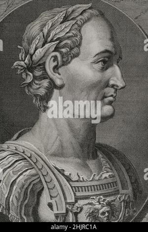 Gaius Julius Caesar (100 v. Chr. - 44 v. Chr.). Römischer Politiker, General und Schriftsteller. 60 v. Chr. gründete er ein Triumvirat mit Pompey und Crassus. Eroberte Gallien. Das Oberhaupt des Imperium ist ein Diktator für immer (Diktator Perpetuus). Hochformat. Gravur. 'Commentaires de Cesar, avec des notes historiques, critiques et militaires, von Graf Turpin de Crissé. Band I. Veröffentlicht in Montargis und verkauft in Paris, 1785. Stockfoto