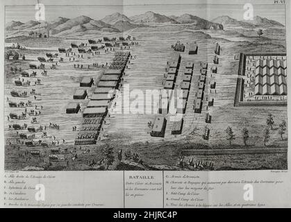 Gallische Kriege (58 v. Chr.-50 v. Chr.). Erster Feldzug gegen die germanischen Stämme (58 v. Chr.). Schlacht bei den Vogesen (58 v. Chr.). Kampf zwischen dem germanischen Stamm der Suebi unter dem Kommando von Ariovistus gegen sechs römische Legionen unter der Führung von Gaius Julius Caesar. Gravur. "Commentaires de Cesar, avec des notes historiques, critiques et militaires", von Graf Turpin de Crissé. Band I. Veröffentlicht in Montargis und verkauft in Paris, 1785. Stockfoto