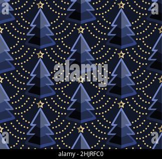 Weihnachtsbaum nahtloses Muster. Goldfarbenes, nahtloses Muster auf dunkelblauem Hintergrund. Symbol für flache Isometrie Stock Vektor