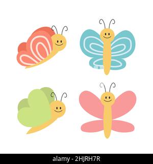 Cartoon-Schmetterling. Niedlicher lächelnder Charakter für kindliches Design. Flache Vektorgrafik isoliert auf weißem Hintergrund. Handgezeichneter Stil Stock Vektor