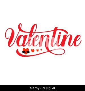 Sei mein Valentine Schriftzug und meine Hände halten rote Herzen auf weißem Hintergrund. Stock Vektor