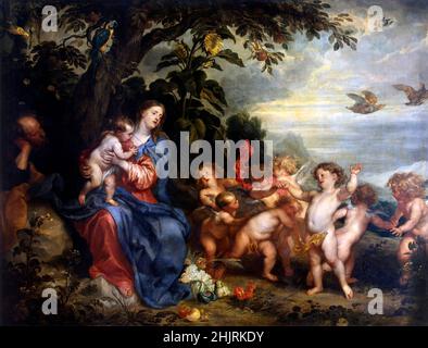 Rest on the Flight into Egypt (Madonna mit Rebhühnern) von Sir Anthony van Dyck (1599-1641), Öl auf Leinwand, ca. 1630-32 Stockfoto