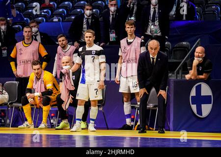 AMSTERDAM, NIEDERLANDE - 31. JANUAR: Cheftrainer Mico Martic aus Finnland beim Viertelfinale der Männer im Futsal Euro 2022 im Ziggo Dome am 31. Januar 2022 in Amsterdam, Niederlande (Foto: Jeroen Meuwsen/Orange Picles) Stockfoto
