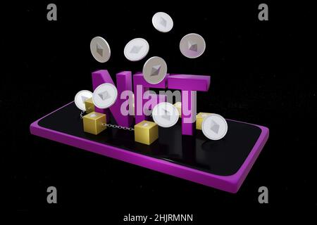 NFT-Schriftzug für nicht fungible Marke mit Ethereum-Münzen. 3D Rendern Stockfoto