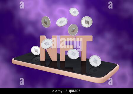 Schriftzug NFT für nicht fungible Marke mit Ethereum-Münzen mit verschwommenem Hintergrund. 3D Rendern Stockfoto