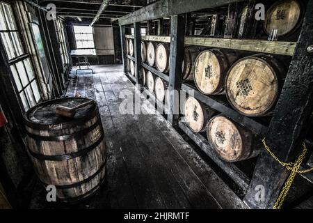 Bourbon-Fässer reifen perfekt in einem rick House in der Wild Turkey Distillery. Stockfoto