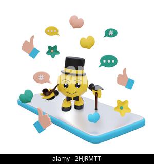 Lustige 3D Zeichen mit Social-Media-Icons steht auf einem Smartphone. 3D Rendern Stockfoto