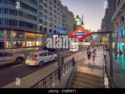 Callao U-Bahn-Schild an der Gran Via Straße, Madrid, Spanien. Stockfoto