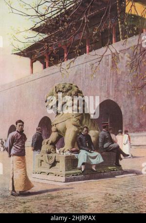 Ein Bronzelöwe, das chinesische Symbol für Mut und Großzügigkeit, entblößte seine Reißzähne am Eingang des ehemaligen Kaiserpalastes. China. Peking (1923) Stockfoto