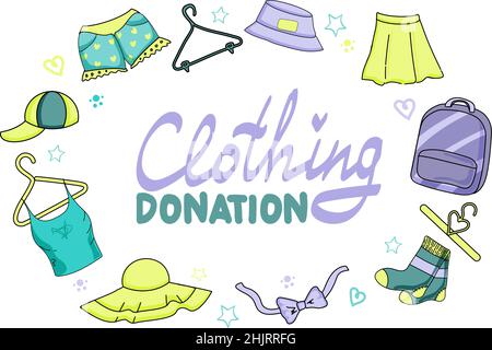 Handbeschriftetem Text. Spenden Kleidung flach Vektor Poster Vorlage. Banner für gebrauchten Bekleidungsgeschäft. Obdachlose, die soziale Hilfe benötigen. Stock Vektor