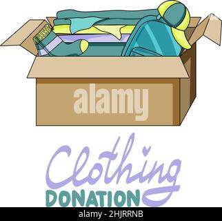 Schachtel mit Klamotten und handgezeichneten Schriftzügen in flacher Optik. Spenden Kleidung flach Vektor Poster Vorlage. Banner für gebrauchten Bekleidungsgeschäft. Stock Vektor