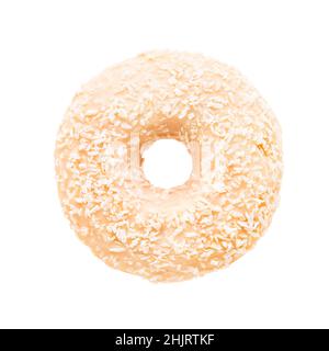 Donut in weißer Glasur mit Kokosflocken isoliert auf weißem Hintergrund mit Clipping Pfad. Draufsicht Stockfoto