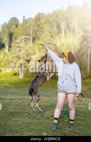 Junge Frau, die im Wald mit Hund spielt, junge kaukasische Frau, die ihren Hund trainiert Stockfoto