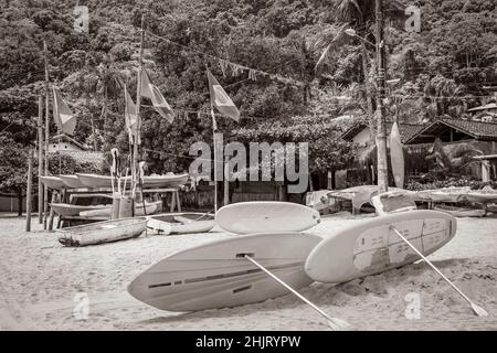 Schwarz-Weiß-Bild von bunten Surfbrettern mit brasilianischer Flagge am herrlichen Mangrove-Strand und Pouso-Strand auf der großen tropischen Insel Ilha Grand Stockfoto