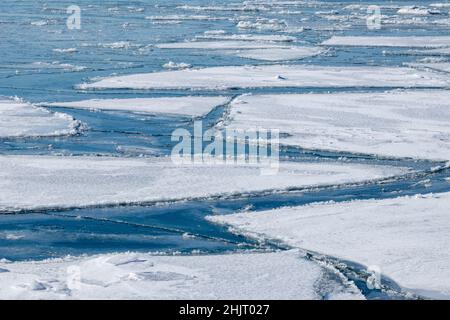 Gefrorene Eisschilde auf großen Gewässern im Winter Stockfoto