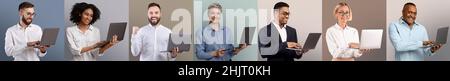 Eine Gruppe von Geschäftsleuten in formeller Kleidung, die moderne Laptops über verschiedene pastellfarbene Studiohintergründe verwenden Stockfoto