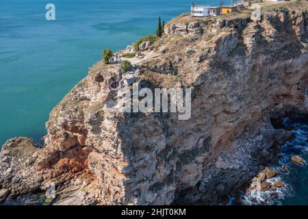 Drohnenfoto vom Kap Kaliakra in der südlichen Dobruja-Region der nördlichen bulgarischen Schwarzmeerküste Stockfoto