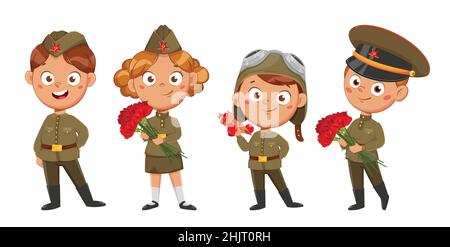 23. Februar. Glücklicher Verteidiger des Vaterlandstages, russischer Feiertag. Niedliche Jungen und Mädchen, Satz von vier Posen. Vektorgrafik für Aktien Stock Vektor