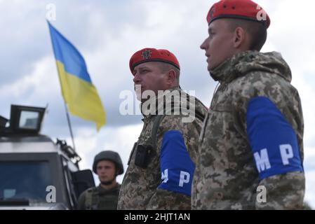 Starychi, Ukraine. 20th September 2019. Ukrainische Soldaten während einer gemeinsamen Militärübung Rapid Trident 2019 im Internationalen Zentrum für Friedenssicherung und Sicherheit der Nationalen Akademie der Landstreitkräfte in der Nähe von Lviv gesehen. (Foto von Mykola Tys/SOPA Images/Sipa USA) Quelle: SIPA USA/Alamy Live News Stockfoto