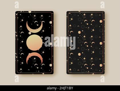 Setzen Sie magische Tarot-Karten, magische Sonne und Dreifachen Mond, Boho-Stil, heilige Geometrie Zeichen, esoterische spirituelle Symbole, Gott und Göttin Wiccan Symbol. Vektor Stock Vektor
