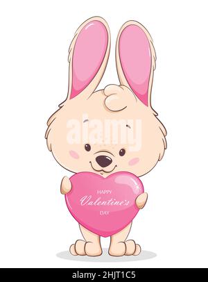 Alles gute zum Valentinstag. Niedliche Bunny Cartoon-Figur hält rosa Herz mit Grüßen. Lustiges Kaninchen. Vektorgrafik auf weißem Hintergrund Stock Vektor