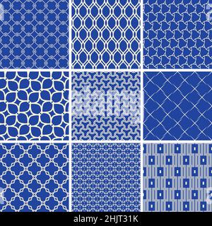 Set von nahtlosen geometrischen Mustern für Ihre Designs und Hintergründe. Geometrisches abstraktes Ornament. Moderne blaue und weiße Ornamente mit sich wiederholenden Elementen Stockfoto