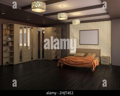 Schlafzimmer mit dunklem Parkett und braunen Wänden. Kleiderschrank aus hellem Holz mit Spiegel, Bett mit orangefarbenem Bettüberwurf, dekorativer Wand und Bilderrahmen. Kronleuchter und Spotlights. 3D Rendering, 7680x5760 Stockfoto