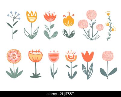 Niedliche Reihe von abstrakten isolierten Blumen. Cartoon Kinder Stil, Kindergarten Zeichnung. Doodle Pflanzen im skandinavischen Stil. Vektorgrafik Stock Vektor
